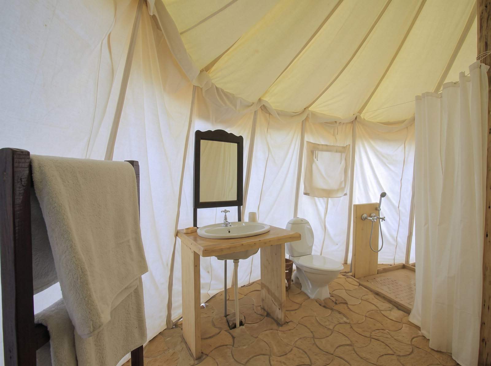 En-Suite Attached Washroom inside Royal AC Tent with Ceramic Western Toilet and Hot Water Geyser