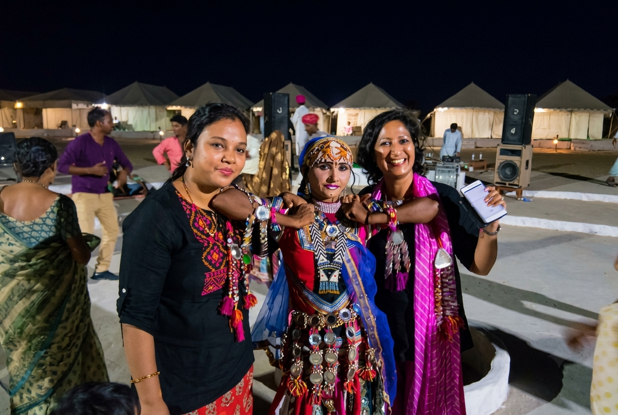 Interactive Campfire Ghoomar Celebration with Camp Guests in Kanoi Dunes