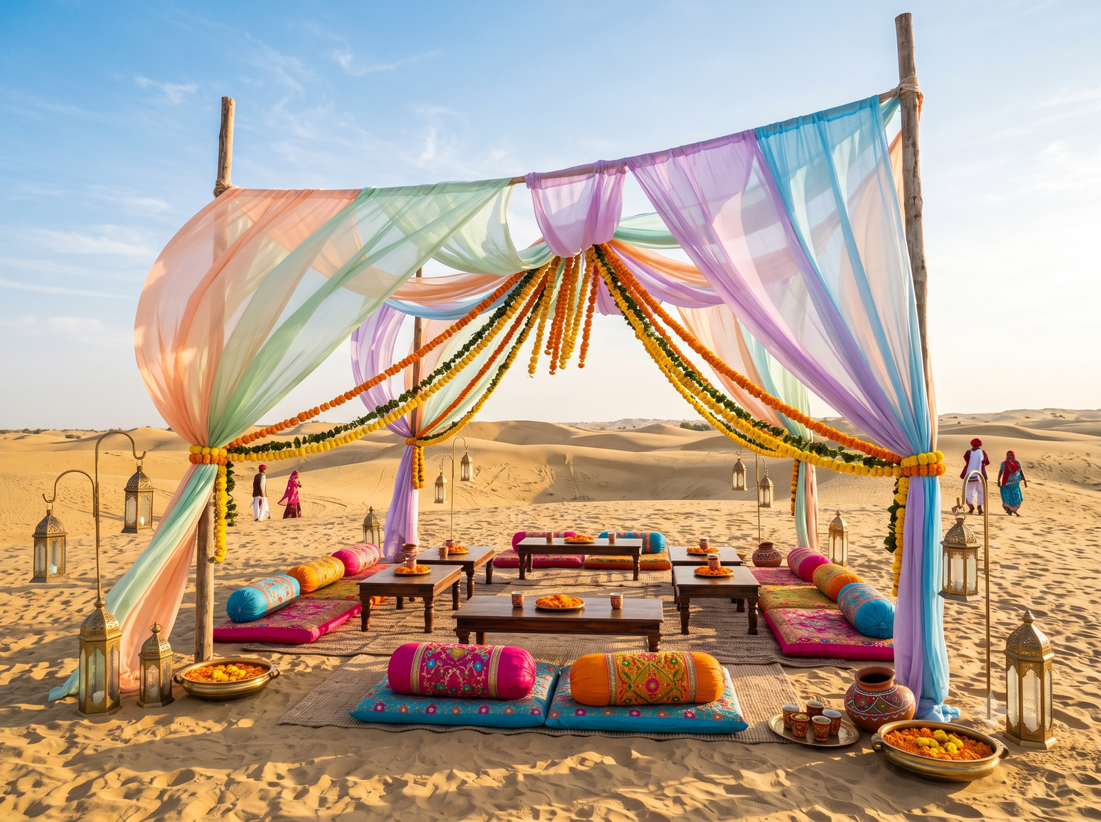 Desert Dune Mehendi and Haldi Setup with Yellow Fabric Canopies in Jaisalmer