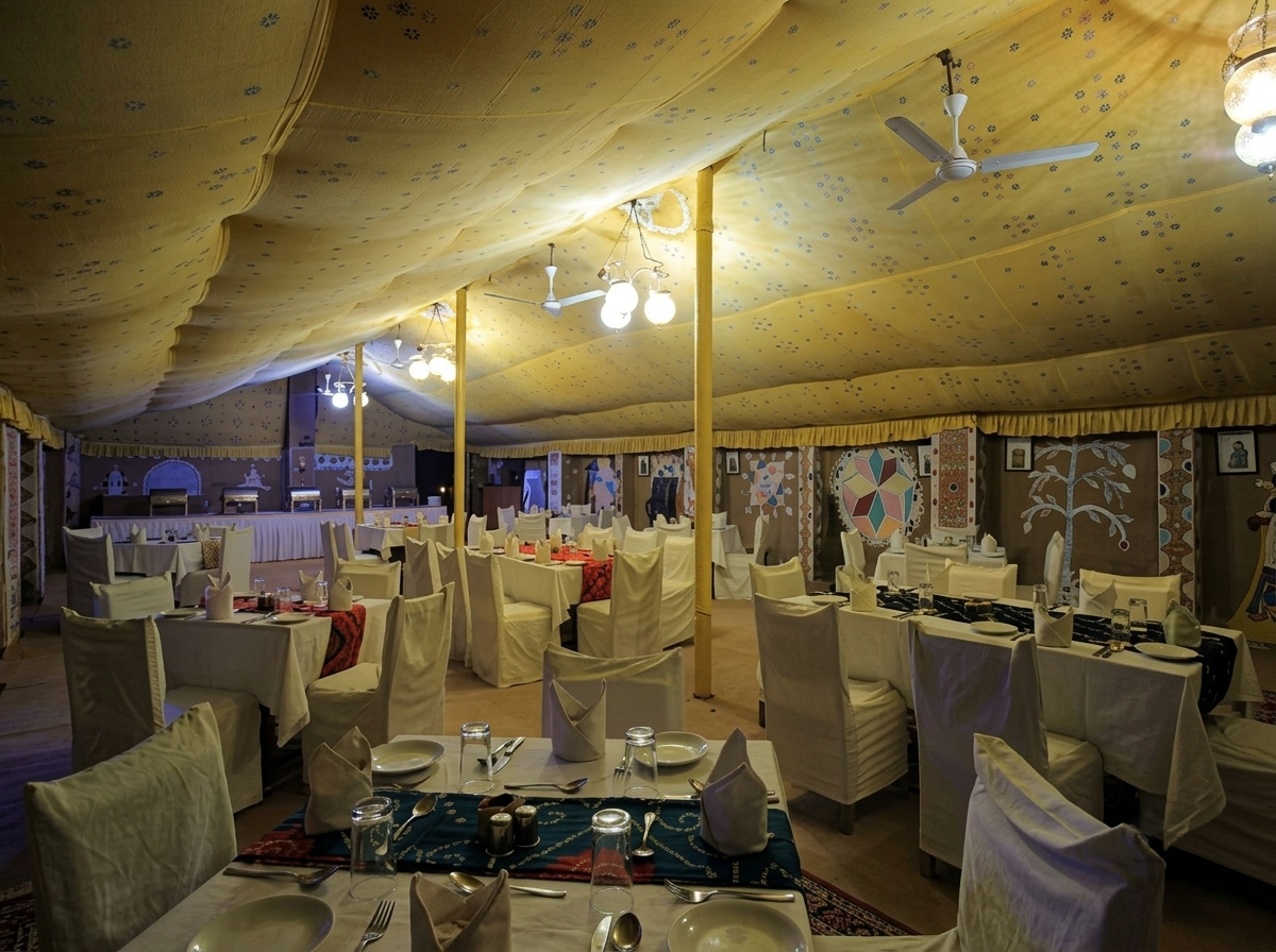 Traditional Rajasthani Pure Vegetarian Dining and Dal Baati Churma Thali at Royal Desert Camp Jaisalmer