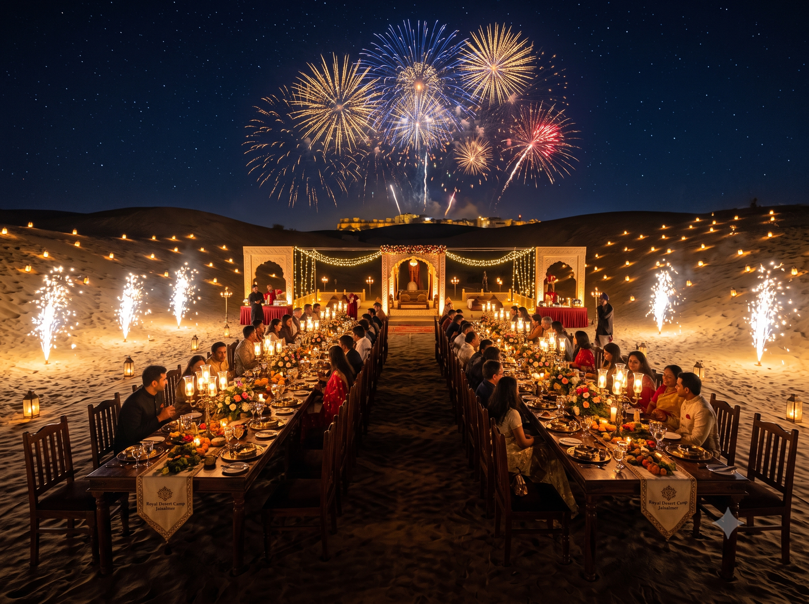 Royal Marwari Banquet Feast and Desert Pyrotechnics under Night Sky